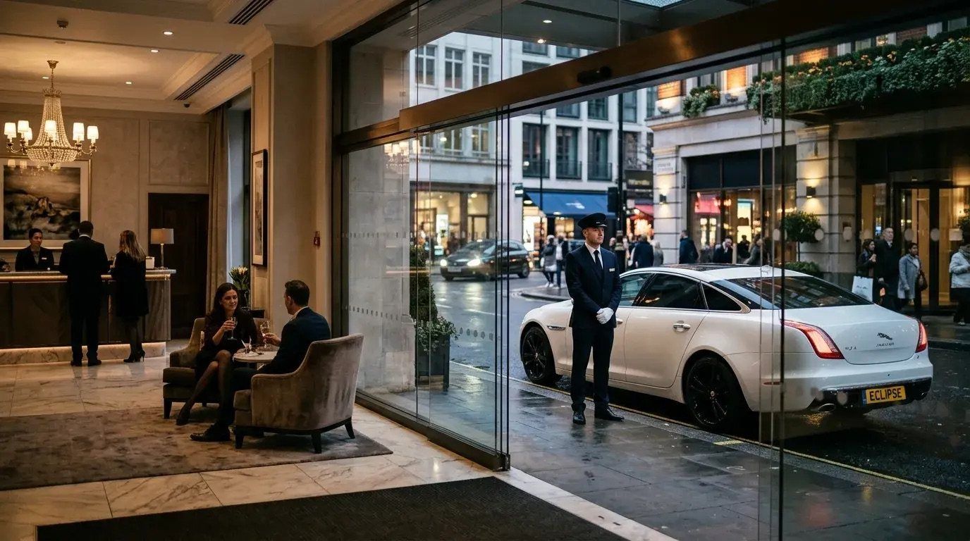 Doorman greeting guests at a luxury hotel entrance