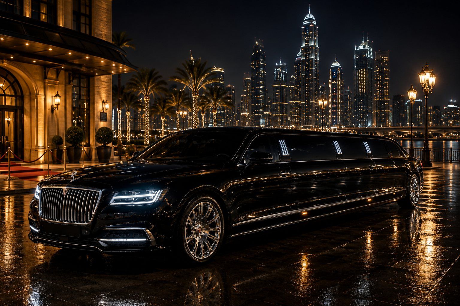 Black stretch limousine outside a hotel at night