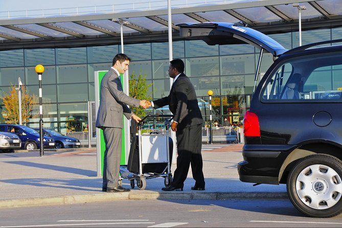 Chauffeur meeting a client with luggage at the airport curb