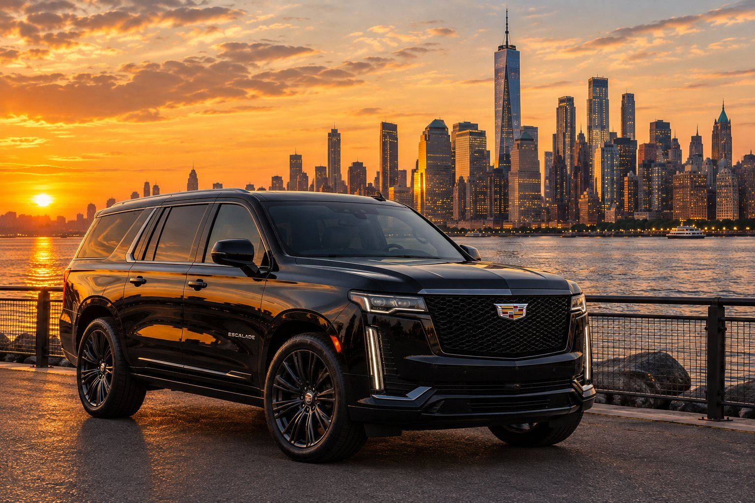 Black Cadillac Escalade on the Hudson waterfront at sunset
