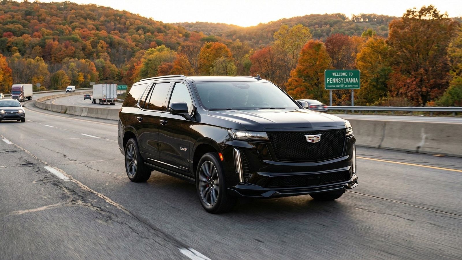 Black Cadillac Escalade on a highway entering Pennsylvania